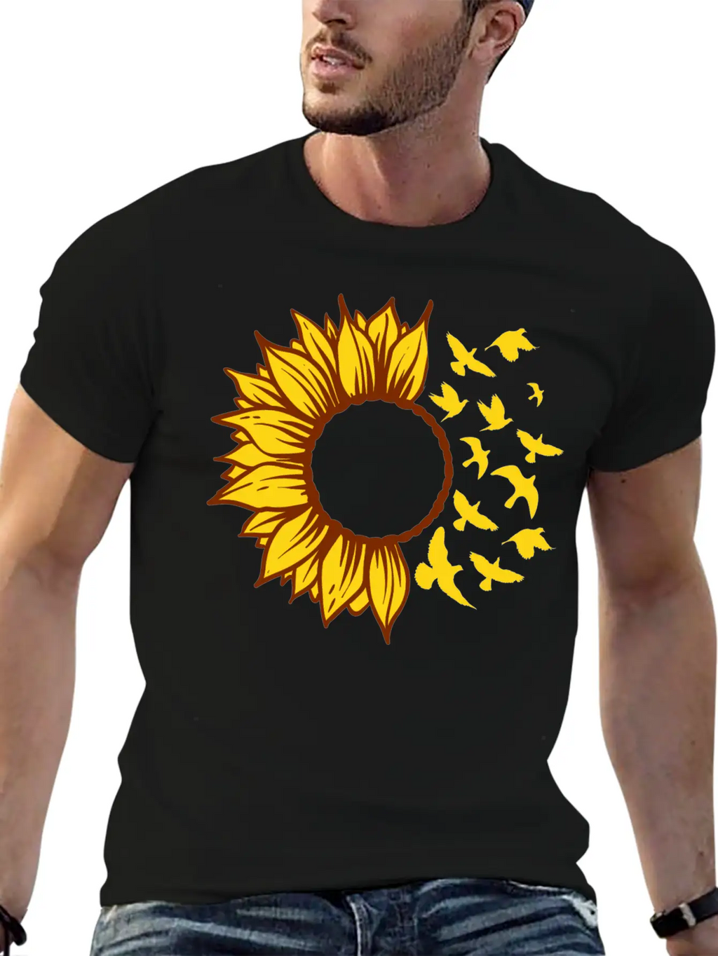 Sunflower Changing Into Birds ADD YOUR OWN TEXT Unisex Short Sleeve Soft Cotton T-Shirt – Casual Everyday Wear