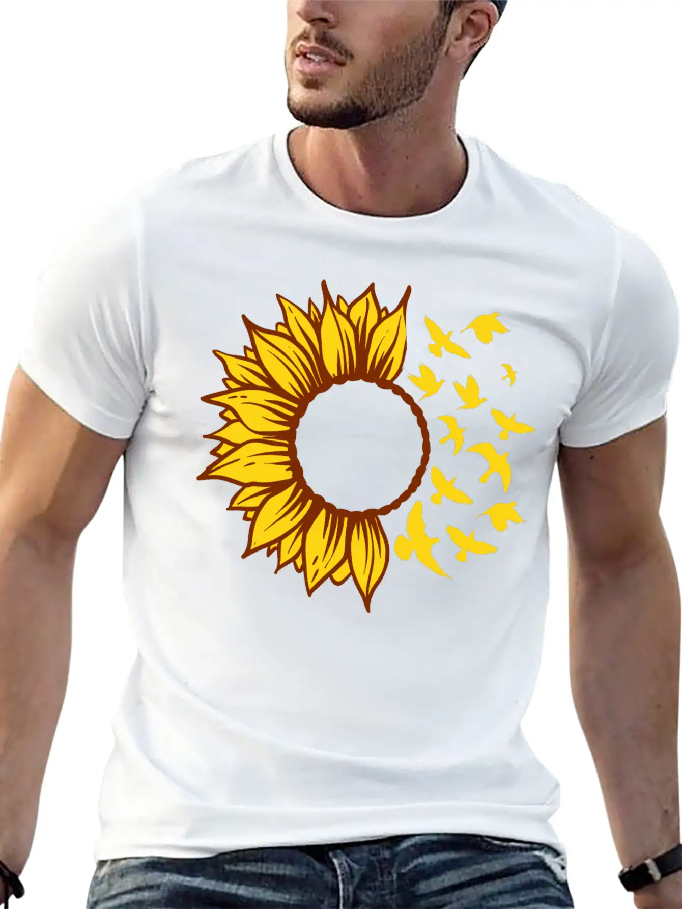 Sunflower Changing Into Birds ADD YOUR OWN TEXT Unisex Short Sleeve Soft Cotton T-Shirt – Casual Everyday Wear