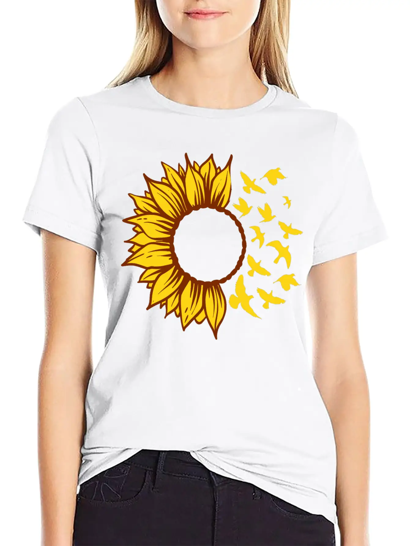 Sunflower Changing Into Birds ADD YOUR OWN TEXT Unisex Short Sleeve Soft Cotton T-Shirt – Casual Everyday Wear