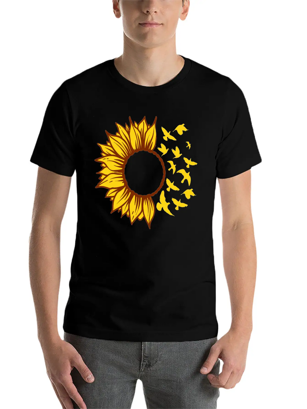 Sunflower Changing Into Birds ADD YOUR OWN TEXT Unisex Short Sleeve Soft Cotton T-Shirt – Casual Everyday Wear