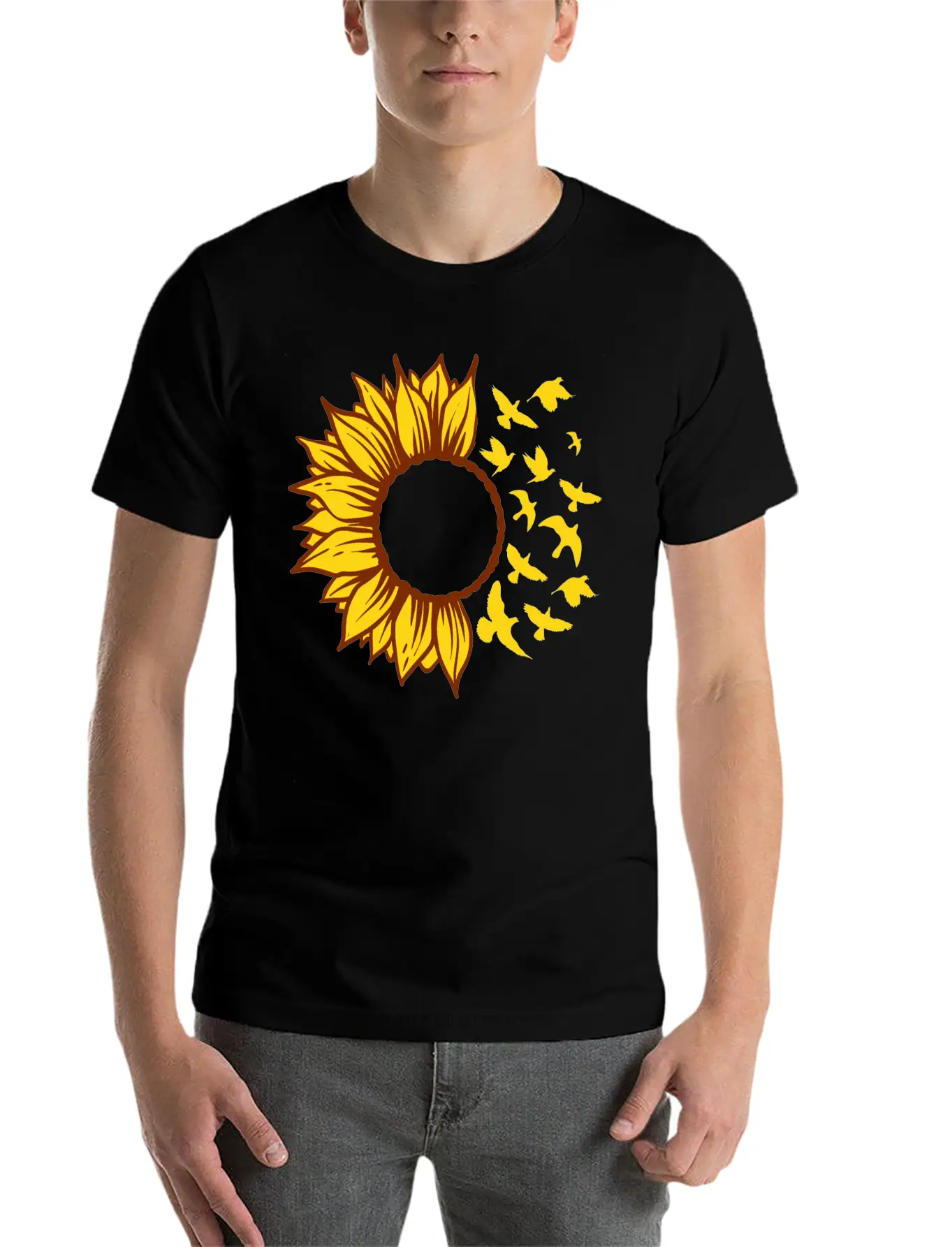 Sunflower Changing Into Birds ADD YOUR OWN TEXT Unisex Short Sleeve Soft Cotton T-Shirt – Casual Everyday Wear