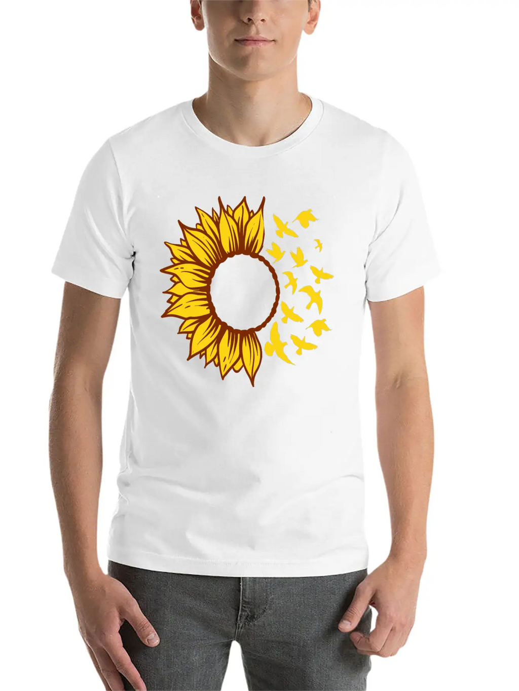 Sunflower Changing Into Birds ADD YOUR OWN TEXT Unisex Short Sleeve Soft Cotton T-Shirt – Casual Everyday Wear