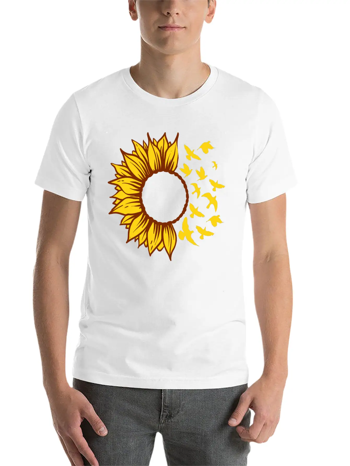 Sunflower Changing Into Birds ADD YOUR OWN TEXT Unisex Short Sleeve Soft Cotton T-Shirt – Casual Everyday Wear