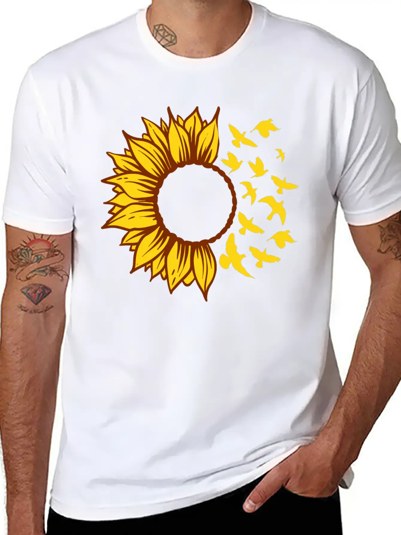 Sunflower Changing Into Birds ADD YOUR OWN TEXT Unisex Short Sleeve Soft Cotton T-Shirt – Casual Everyday Wear