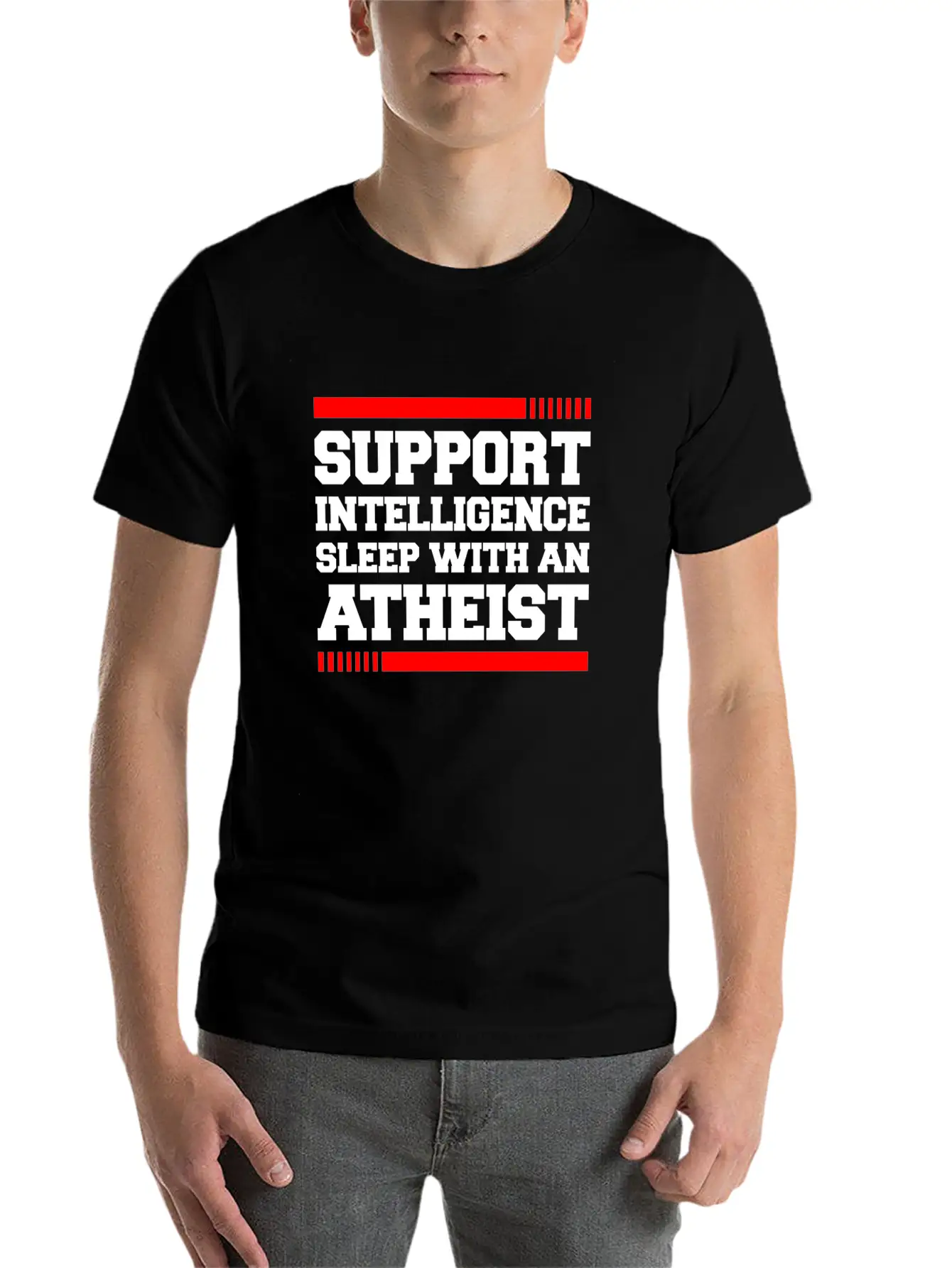 SUPPORT INTELLIGENCE SLEEP WITH AN ATHEIST Unisex Short Sleeve Soft Cotton T-Shirt – Casual Everyday Wear