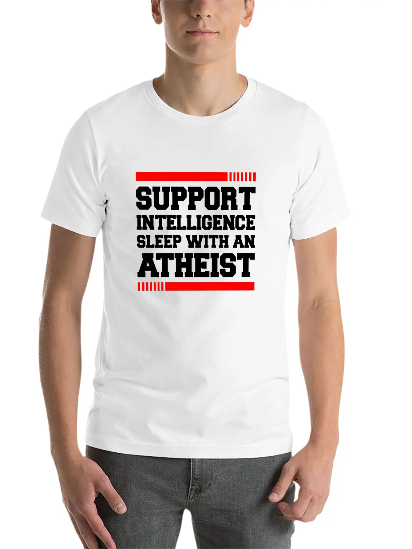 SUPPORT INTELLIGENCE SLEEP WITH AN ATHEIST Unisex Short Sleeve Soft Cotton T-Shirt – Casual Everyday Wear