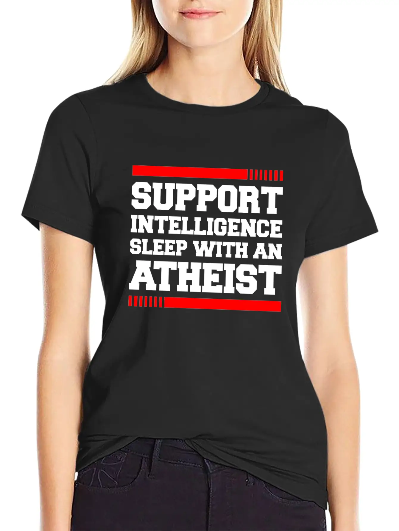 SUPPORT INTELLIGENCE SLEEP WITH AN ATHEIST Unisex Short Sleeve Soft Cotton T-Shirt – Casual Everyday Wear