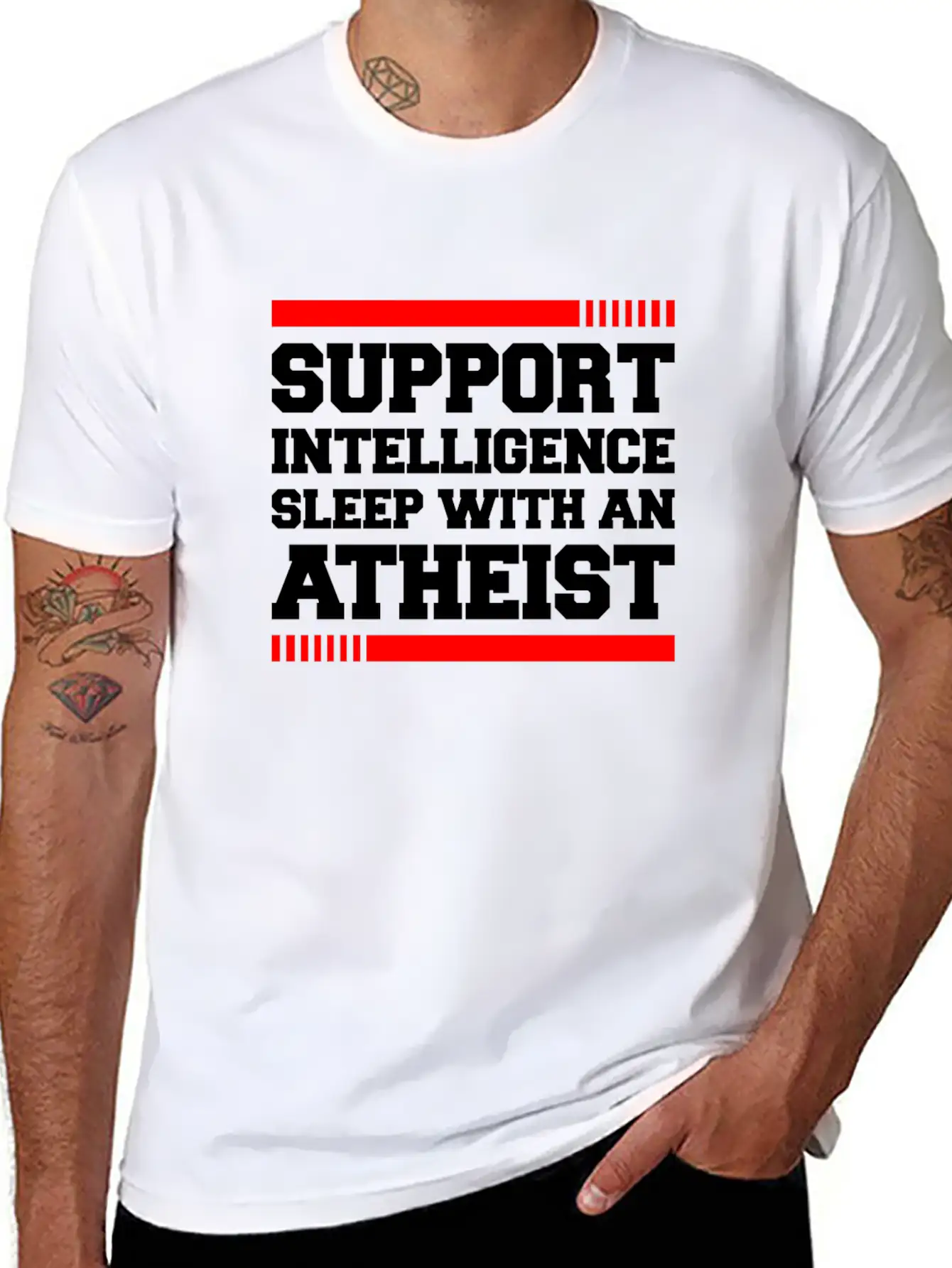 SUPPORT INTELLIGENCE SLEEP WITH AN ATHEIST Unisex Short Sleeve Soft Cotton T-Shirt – Casual Everyday Wear