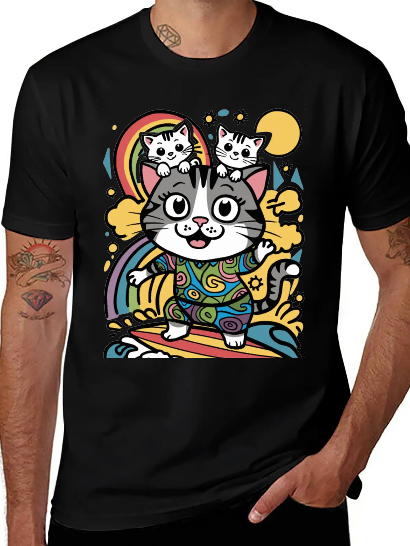 Surfing Cat With Two Kittens Doodle Design Unisex Casual T-Shirt – Clean Design For Daily Comfort