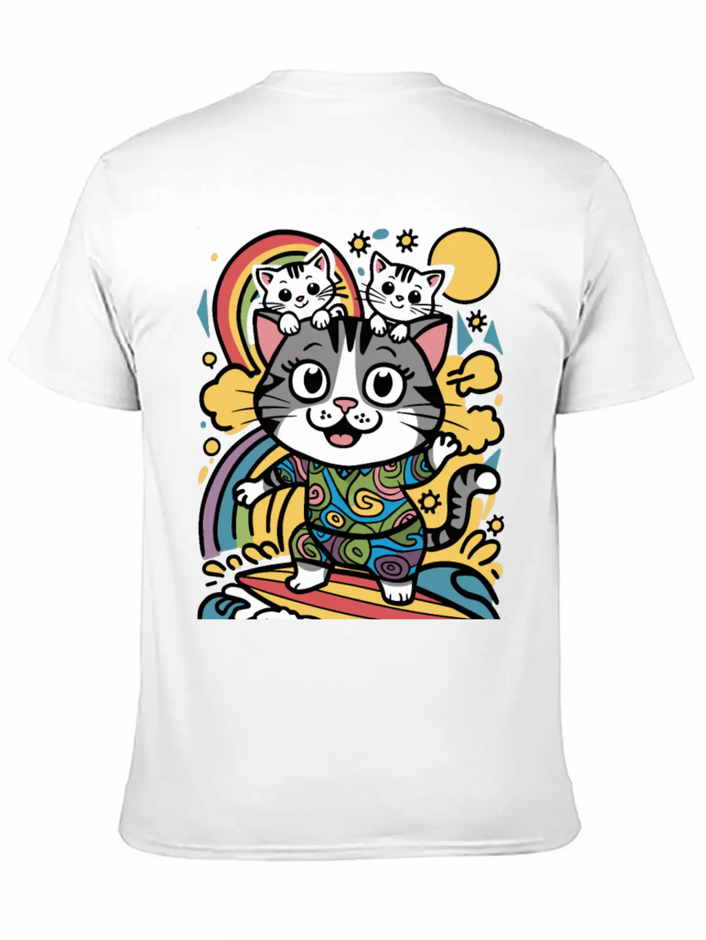 Surfing Cat With Two Kittens Doodle Design Unisex Casual T-Shirt – Clean Design For Daily Comfort