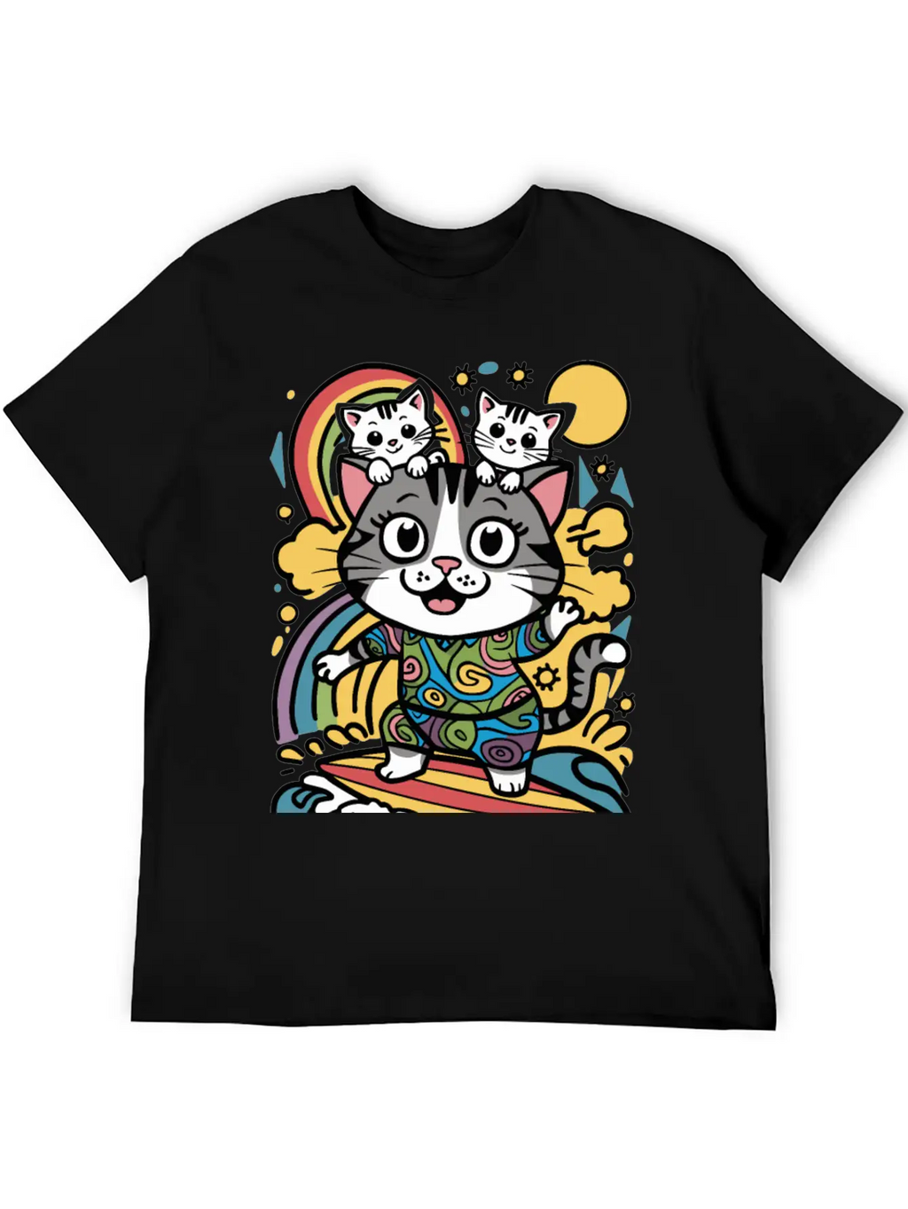 Surfing Cat With Two Kittens Doodle Design Unisex Casual T-Shirt – Clean Design For Daily Comfort