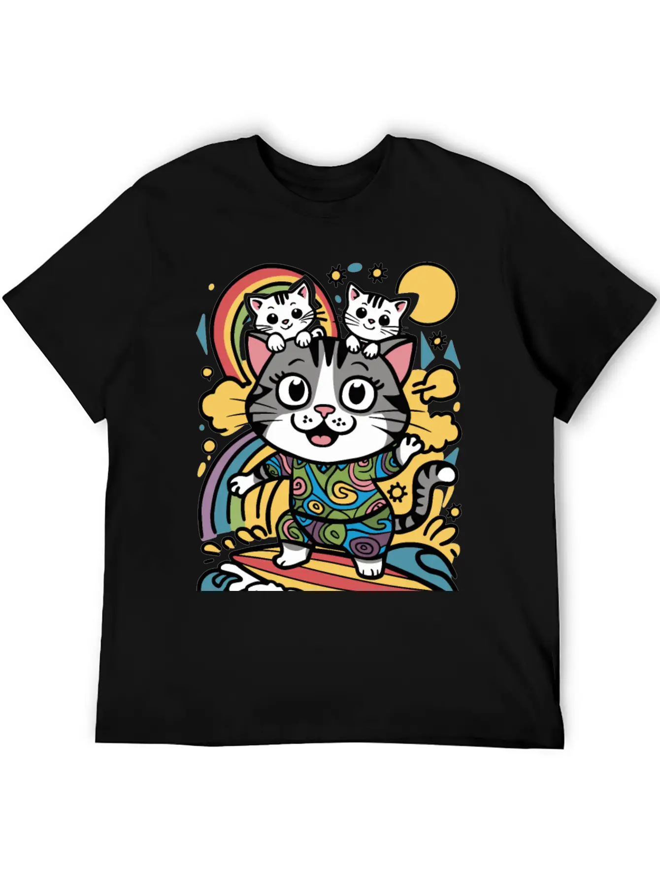 Surfing Cat With Two Kittens Doodle Design Unisex Casual T-Shirt – Clean Design For Daily Comfort