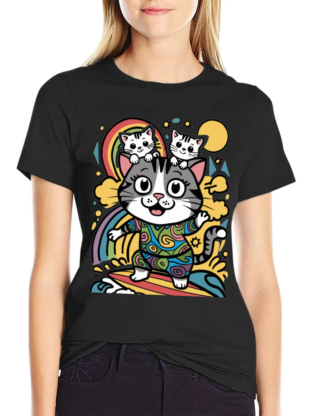 Surfing Cat With Two Kittens Doodle Design Unisex Casual T-Shirt – Clean Design For Daily Comfort