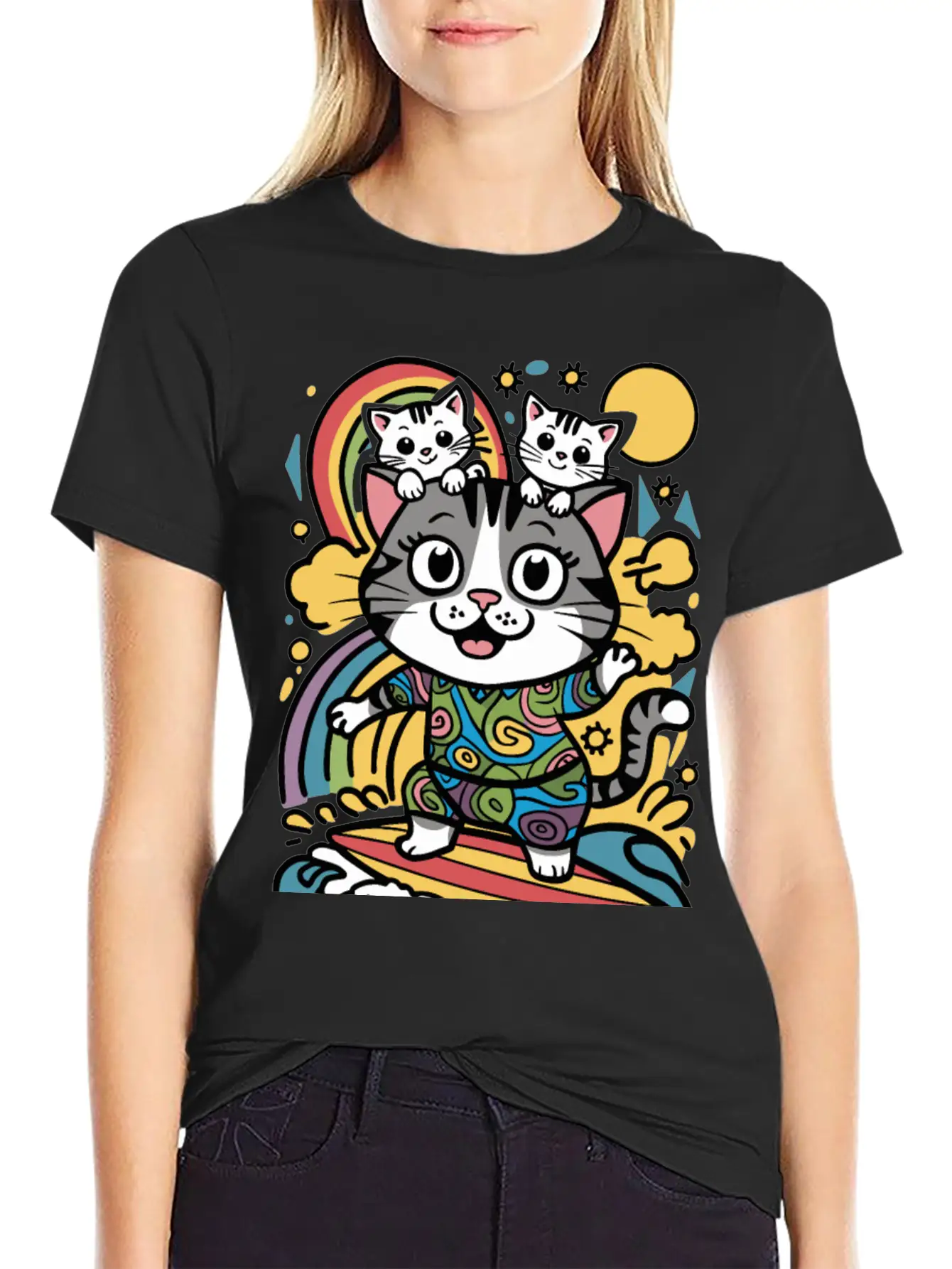 Surfing Cat With Two Kittens Doodle Design Unisex Casual T-Shirt – Clean Design For Daily Comfort