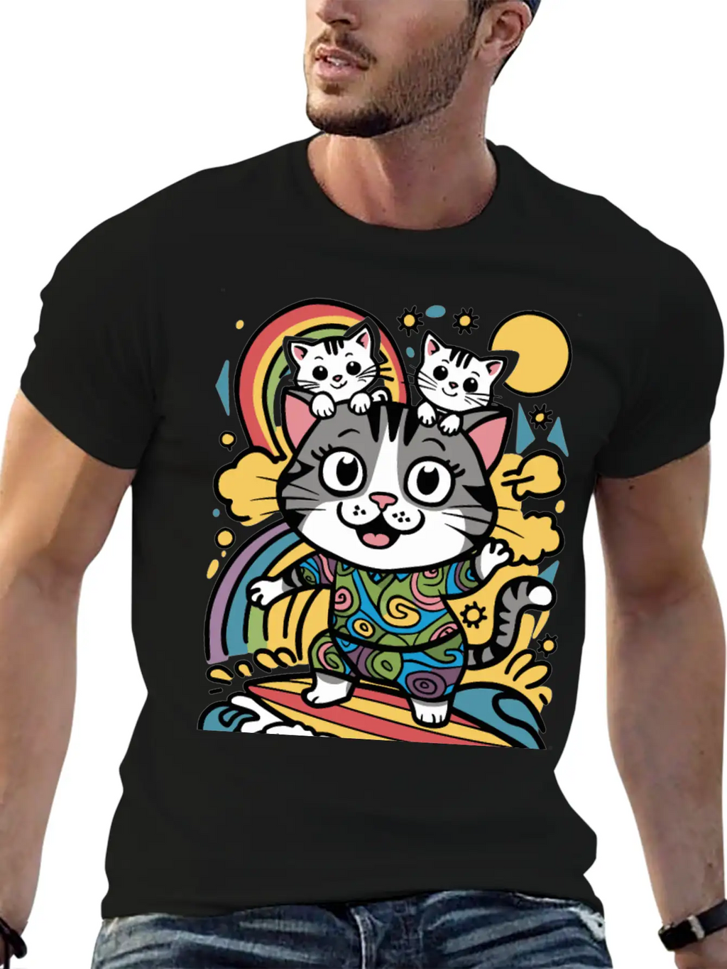 Surfing Cat With Two Kittens Doodle Design Unisex Casual T-Shirt – Clean Design For Daily Comfort