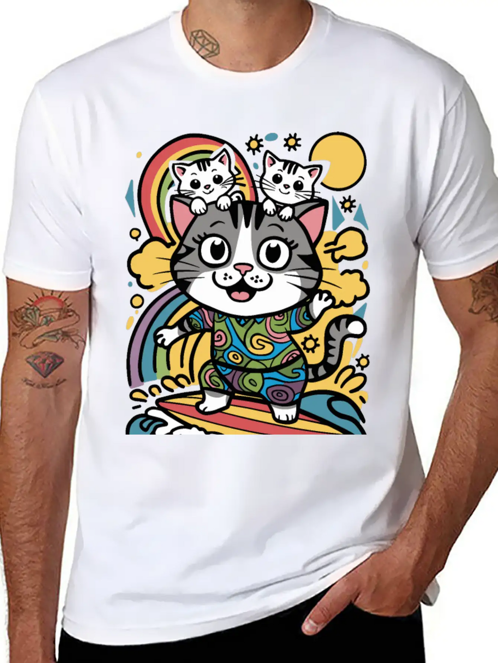 Surfing Cat With Two Kittens Doodle Design Unisex Casual T-Shirt – Clean Design For Daily Comfort