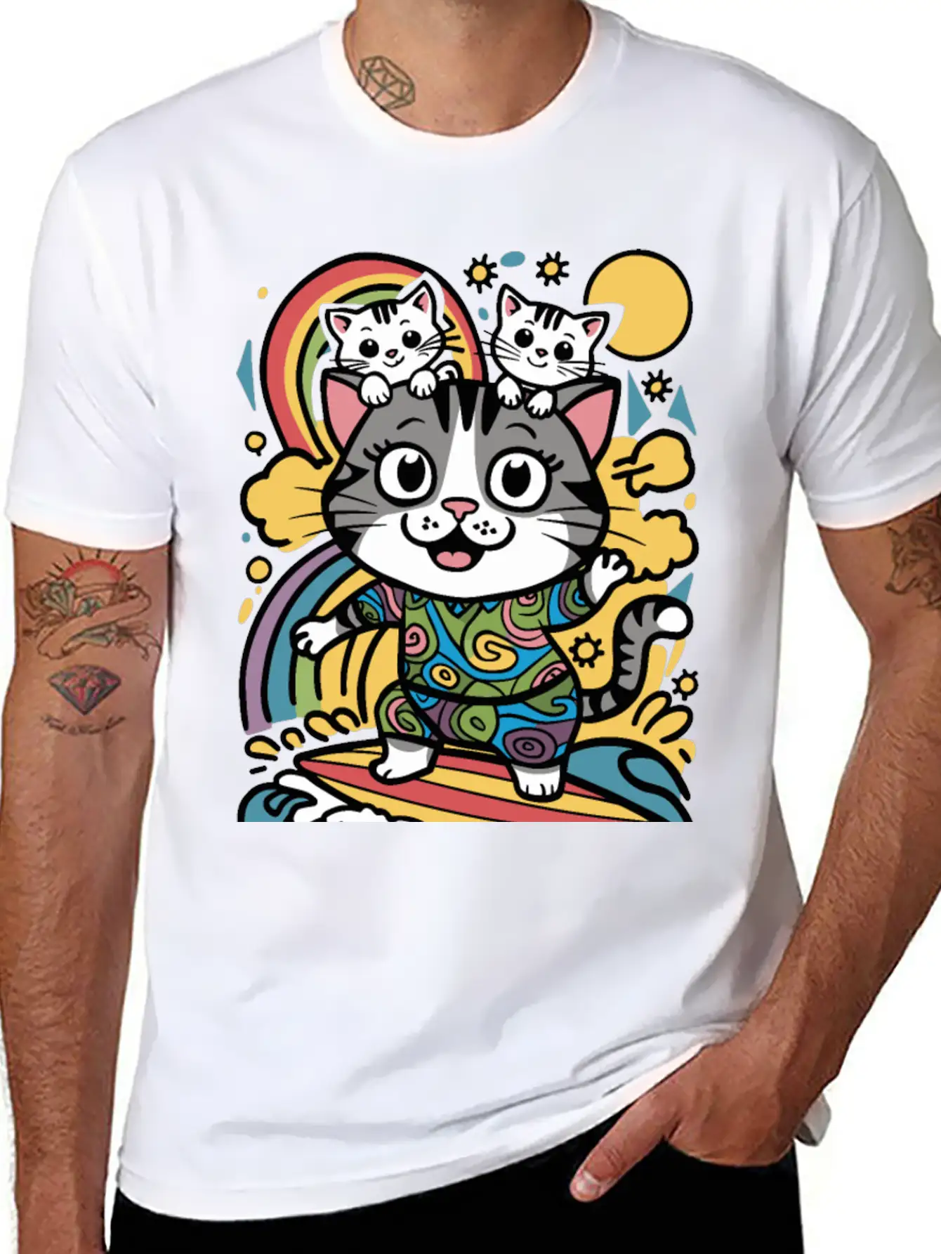 Surfing Cat With Two Kittens Doodle Design Unisex Casual T-Shirt – Clean Design For Daily Comfort