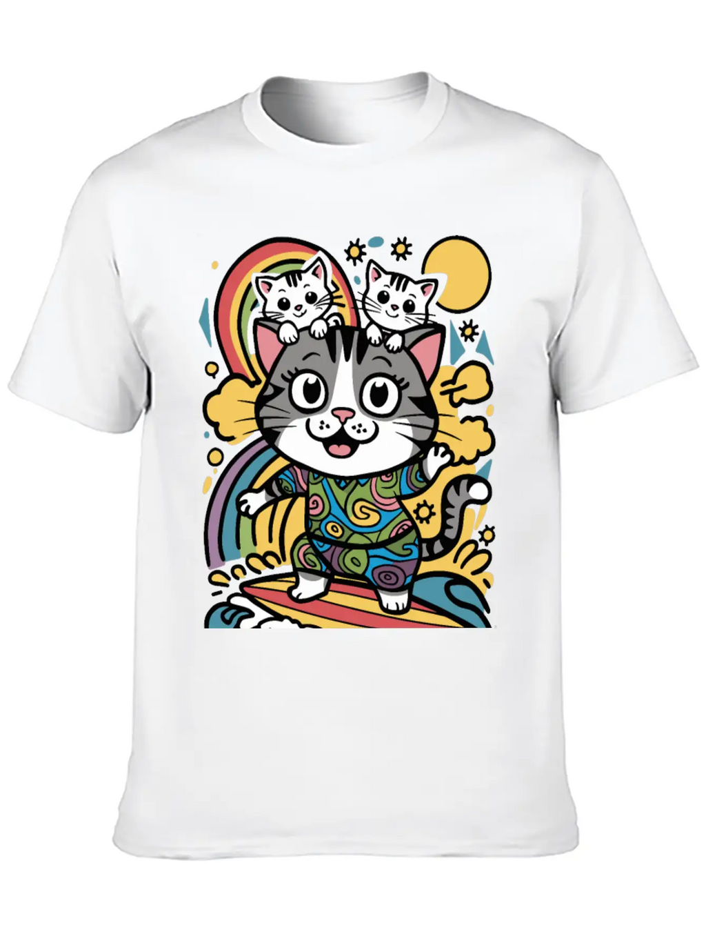 Surfing Cat With Two Kittens Doodle Design Unisex Casual T-Shirt – Clean Design For Daily Comfort