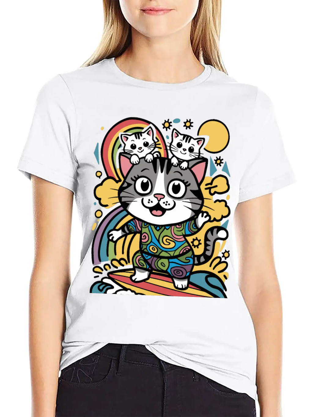 Surfing Cat With Two Kittens Doodle Design Unisex Casual T-Shirt – Clean Design For Daily Comfort