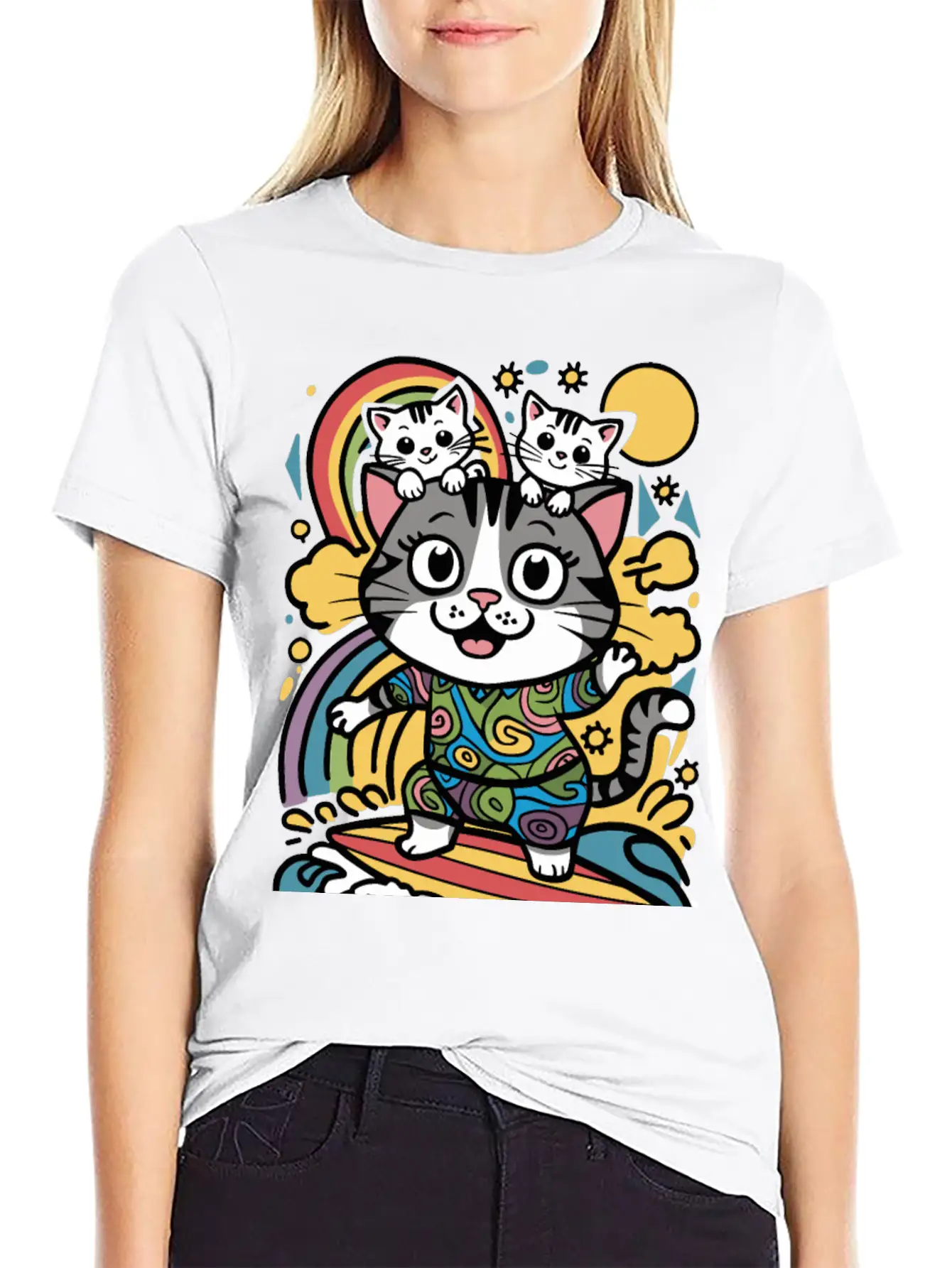 Surfing Cat With Two Kittens Doodle Design Unisex Casual T-Shirt – Clean Design For Daily Comfort