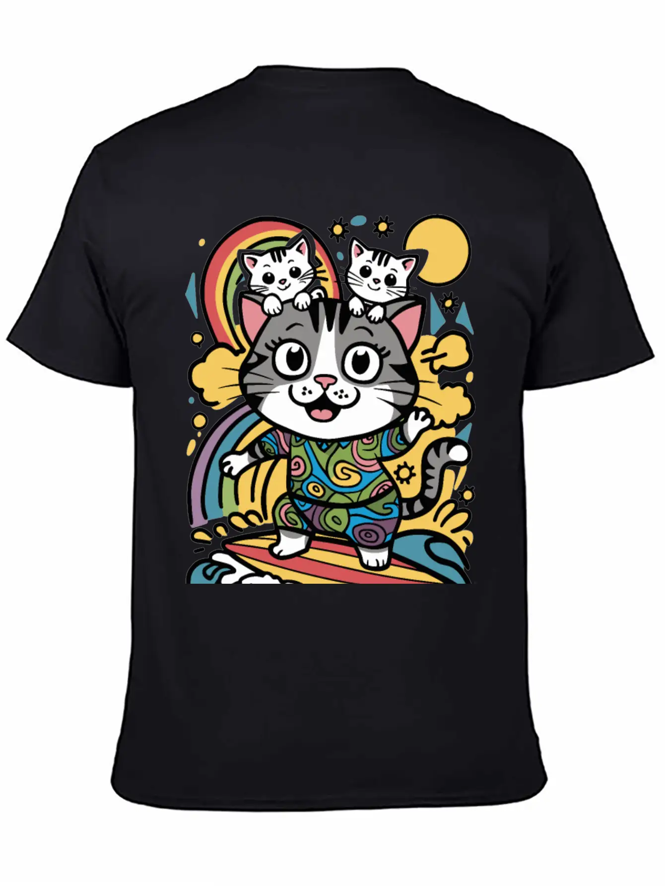 Surfing Cat With Two Kittens Doodle Design Unisex Casual T-Shirt – Clean Design For Daily Comfort
