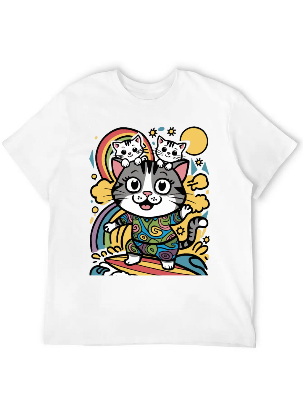 Surfing Cat With Two Kittens Doodle Design Unisex Casual T-Shirt – Clean Design For Daily Comfort