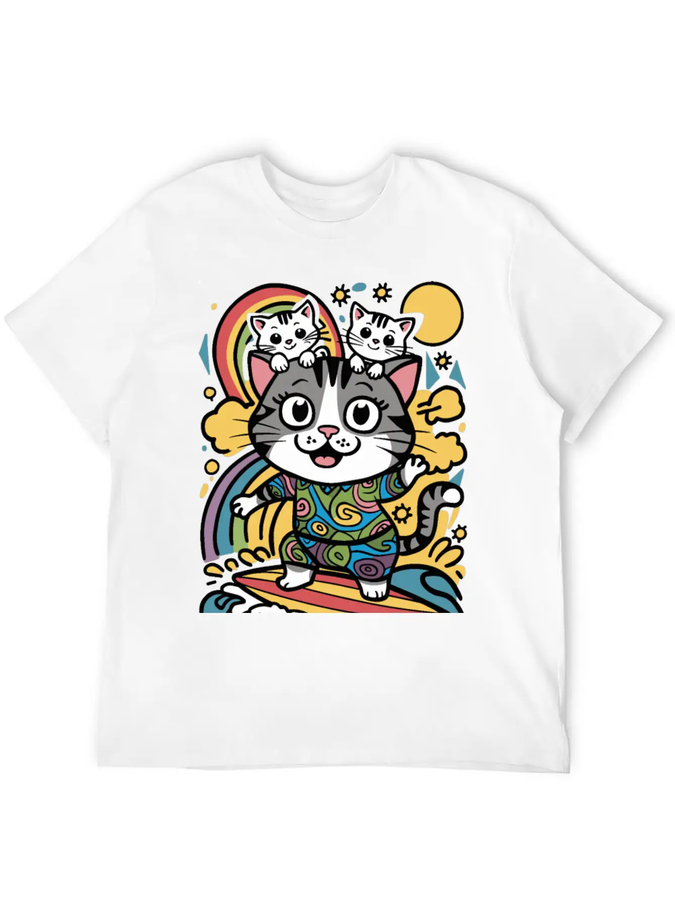 Surfing Cat With Two Kittens Doodle Design Unisex Casual T-Shirt – Clean Design For Daily Comfort