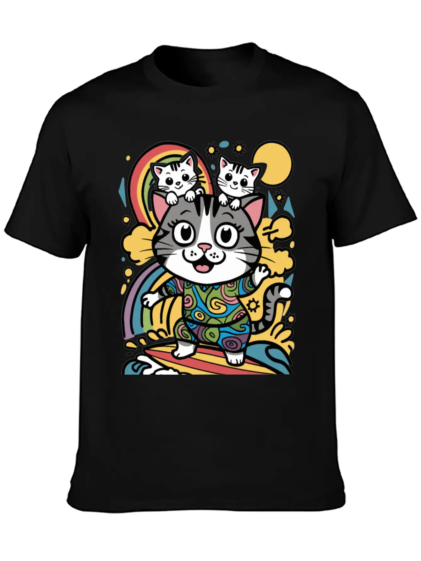 Surfing Cat With Two Kittens Doodle Design Unisex Casual T-Shirt – Clean Design For Daily Comfort