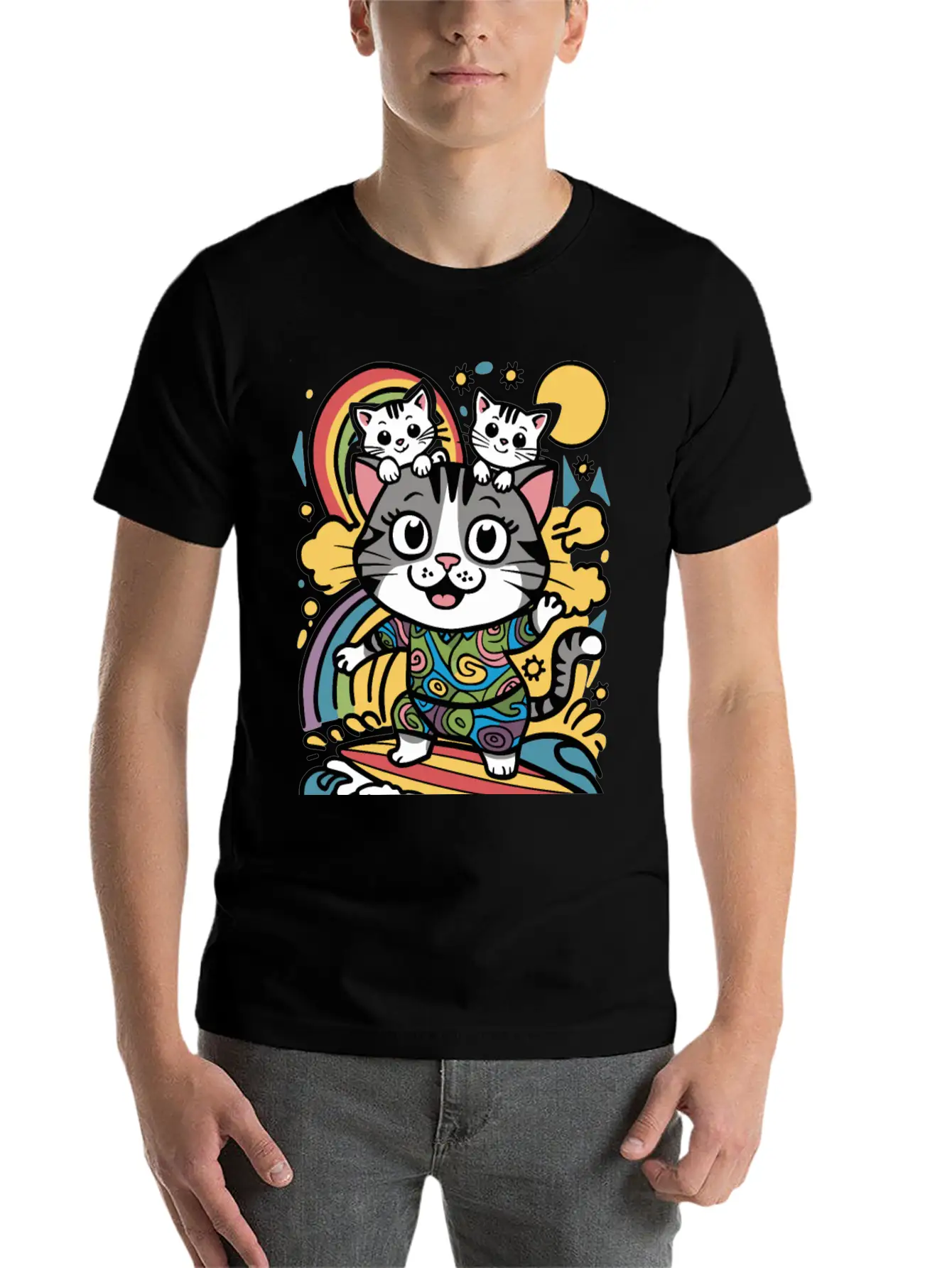 Surfing Cat With Two Kittens Doodle Design Unisex Casual T-Shirt – Clean Design For Daily Comfort