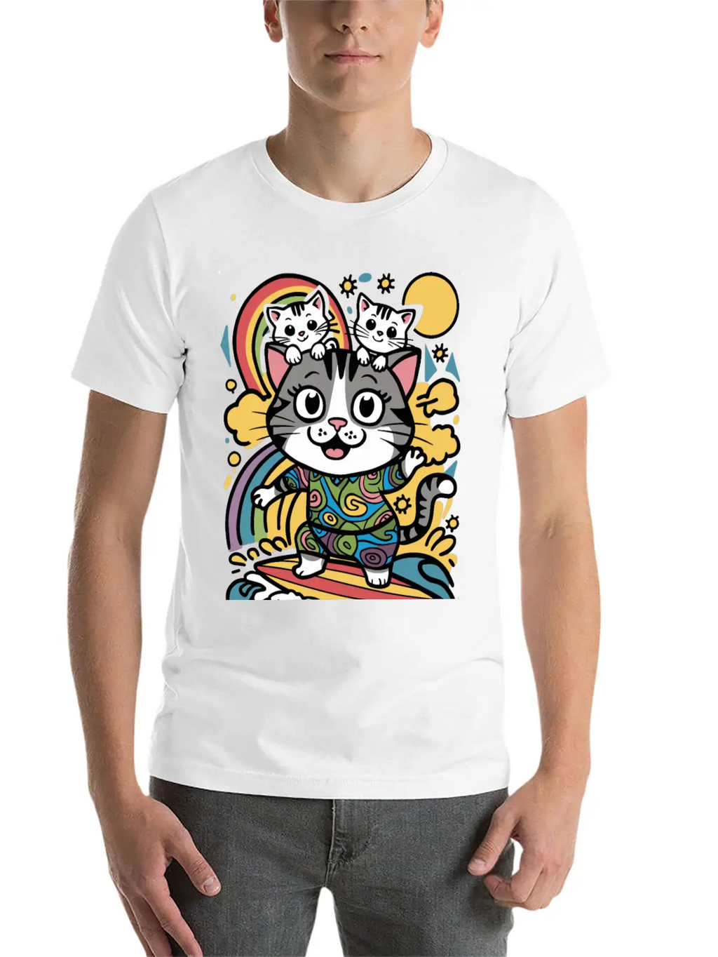 Surfing Cat With Two Kittens Doodle Design Unisex Casual T-Shirt – Clean Design For Daily Comfort