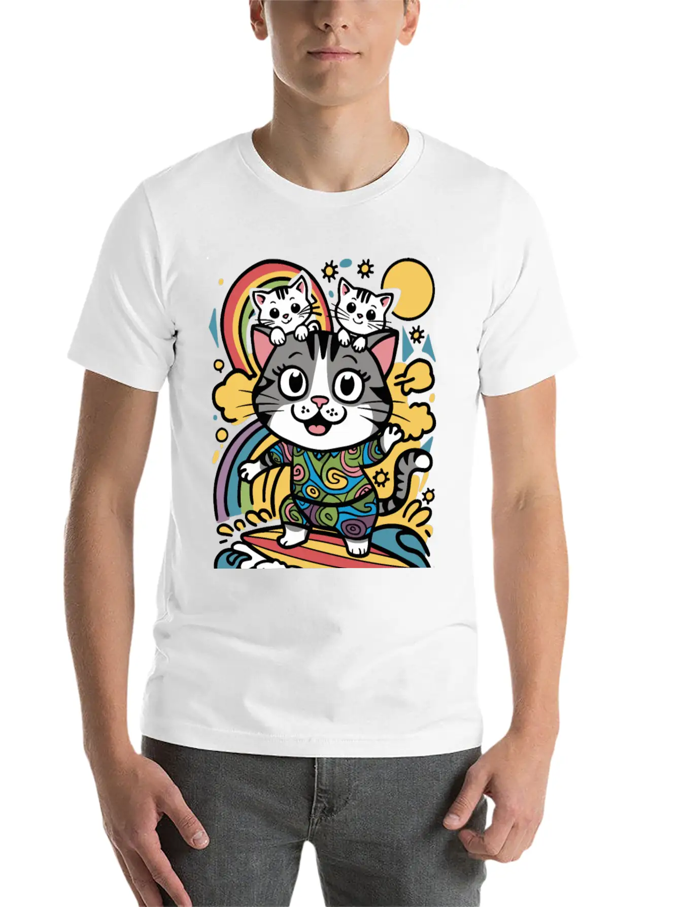 Surfing Cat With Two Kittens Doodle Design Unisex Casual T-Shirt – Clean Design For Daily Comfort