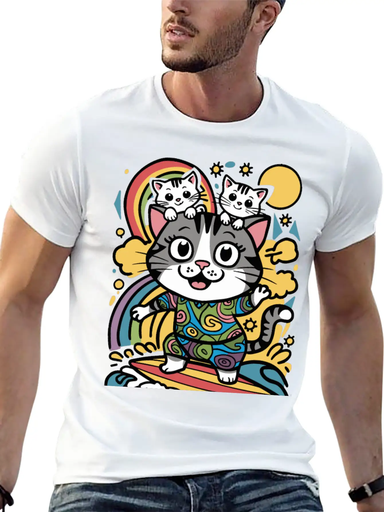 Surfing Cat With Two Kittens Doodle Design Unisex Casual T-Shirt – Clean Design For Daily Comfort