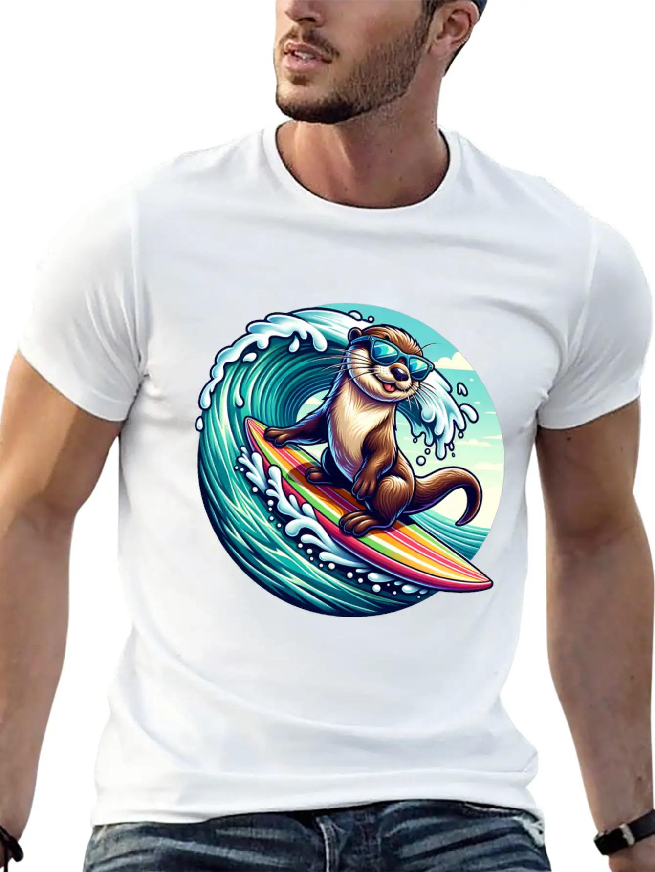 Surfing Otter Riding The Waves In Style Unisex Casual T-Shirt – Clean Design For Daily Comfort