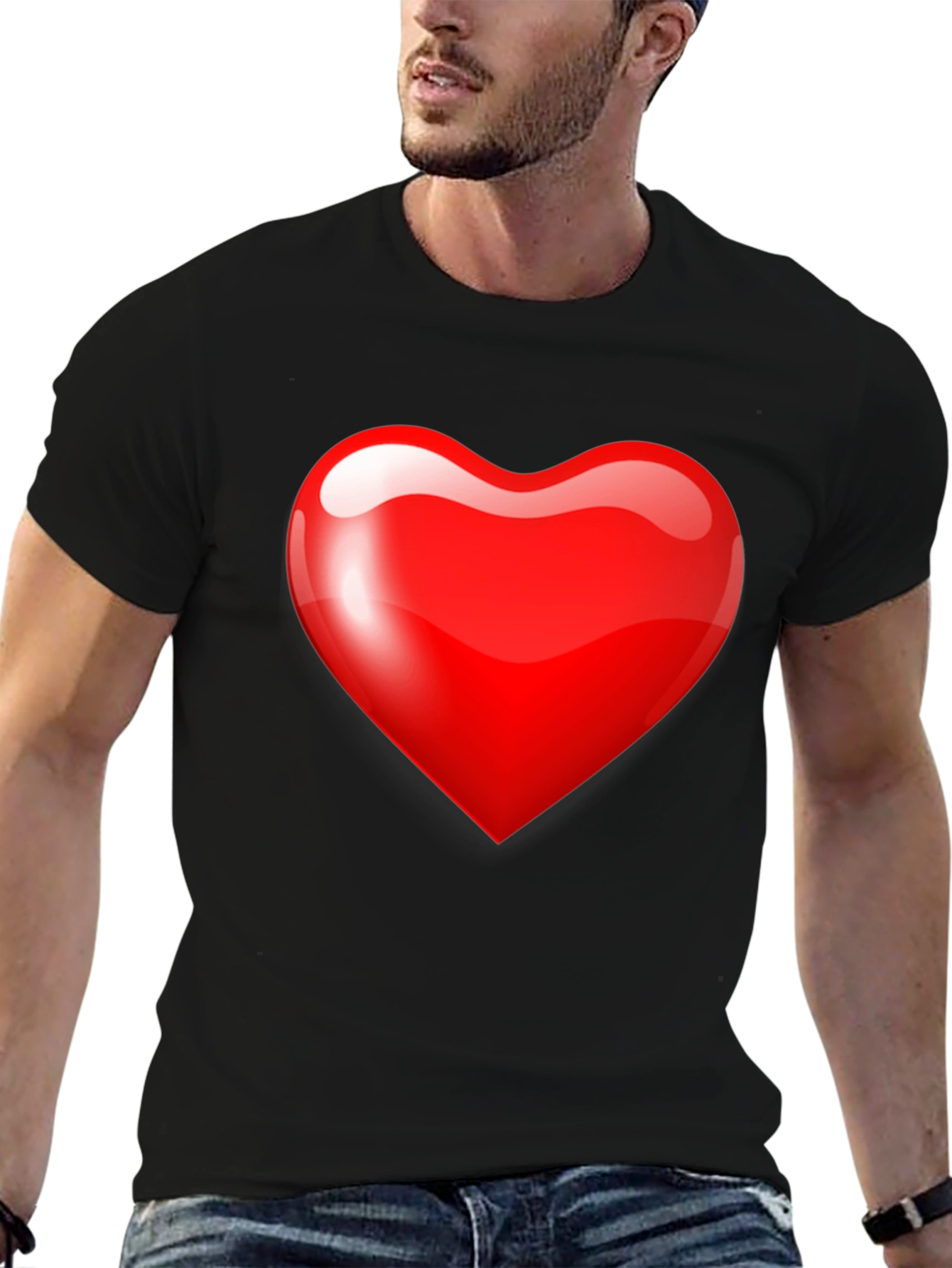 Mens Black T-Shirt with Bold Red Heart Graphic