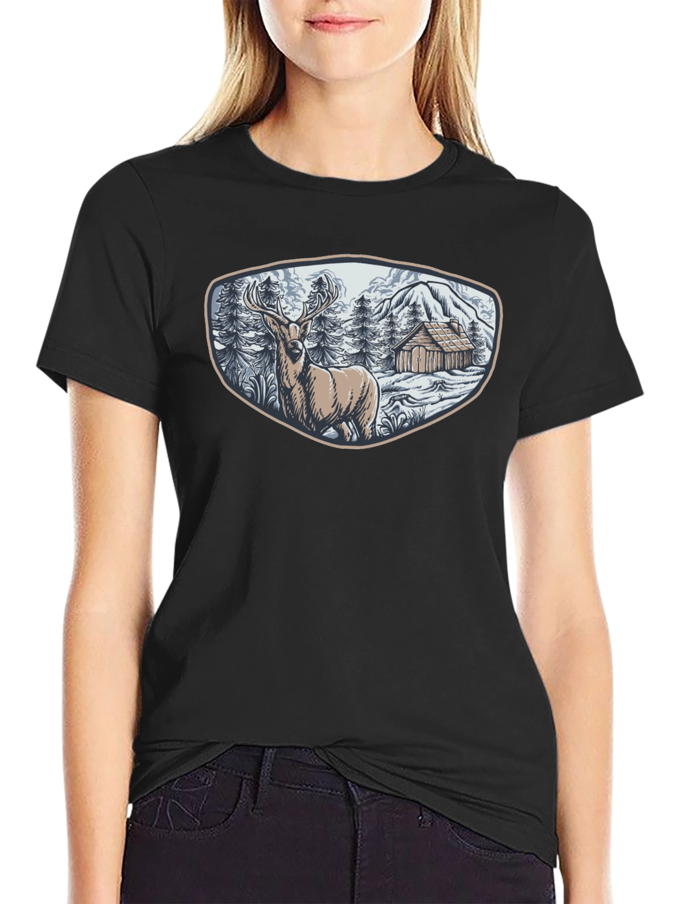 Cabin & Deer Graphic Tee - Mens Black T-Shirt