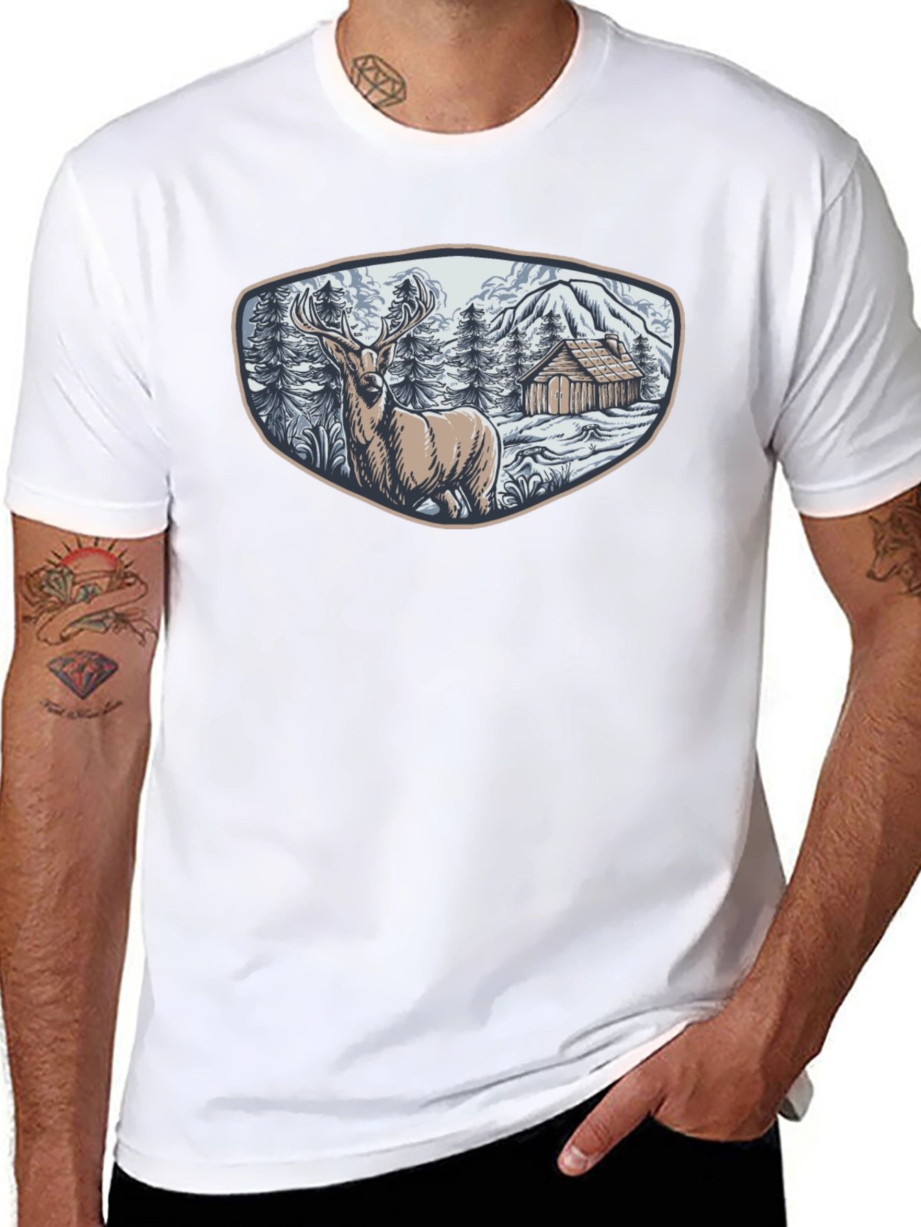 Cabin & Deer Graphic Tee - Mens Black T-Shirt