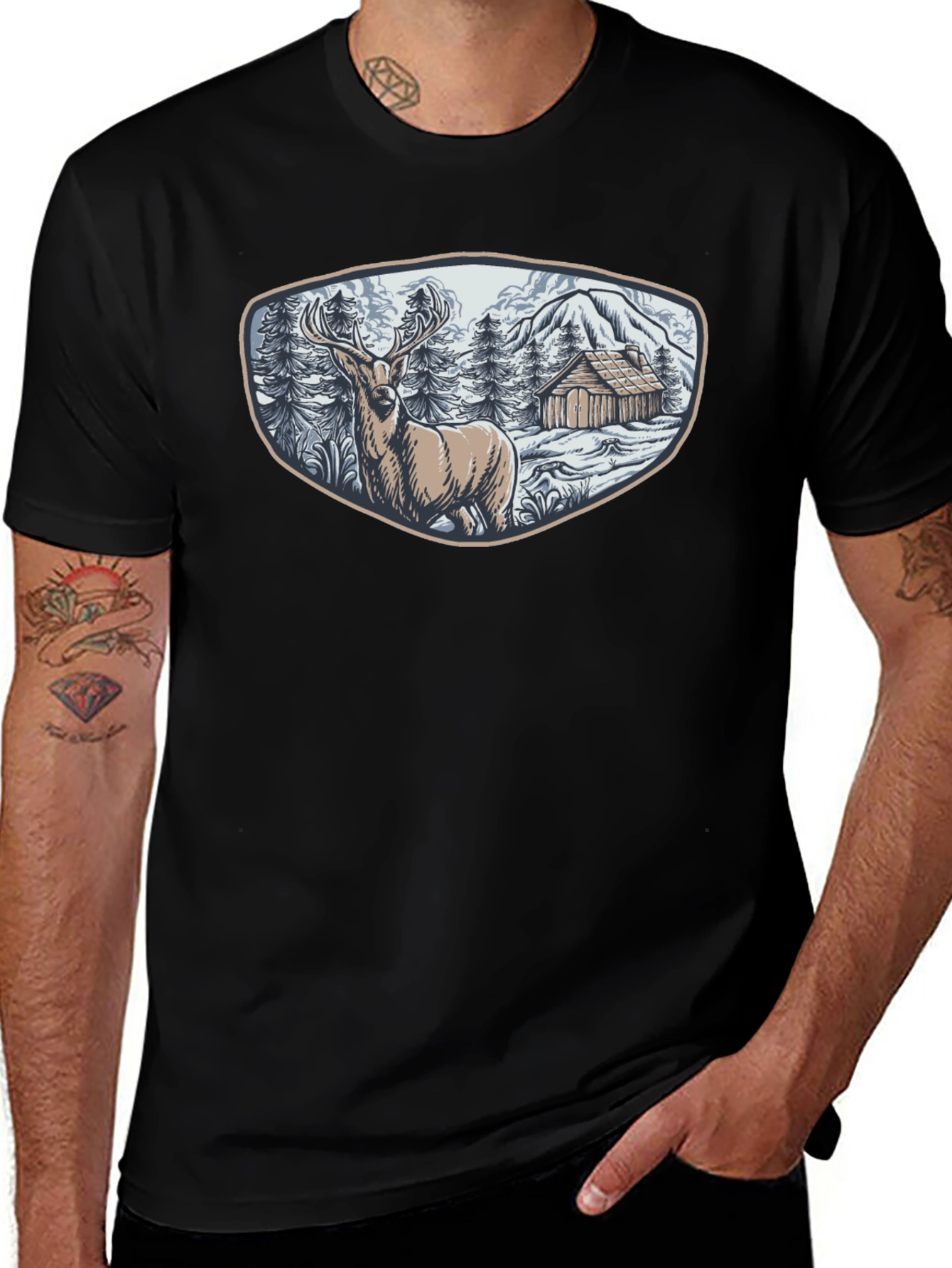 Cabin & Deer Graphic Tee - Mens Black T-Shirt