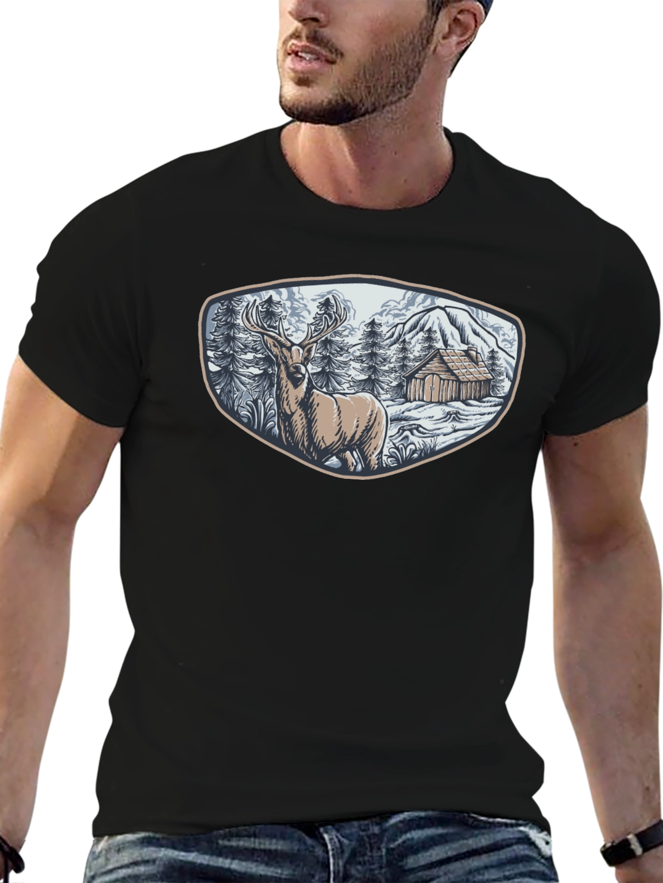 Cabin & Deer Graphic Tee - Mens Black T-Shirt