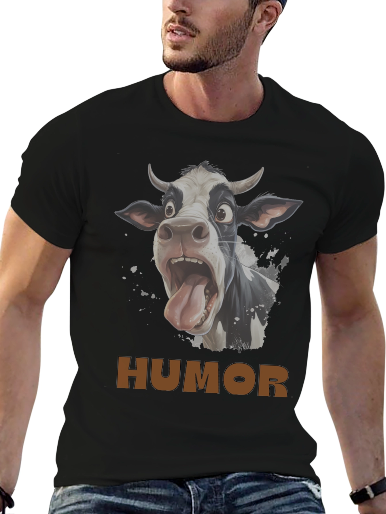 Humorous Cow Graphic T-Shirt - Black