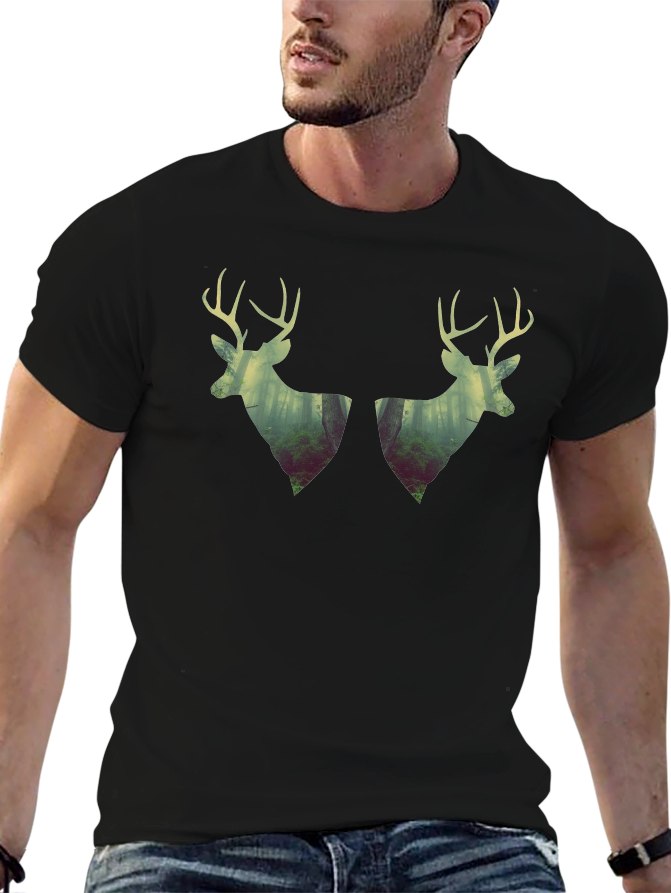 Deer Silhouette Forest Graphic Tee - Black