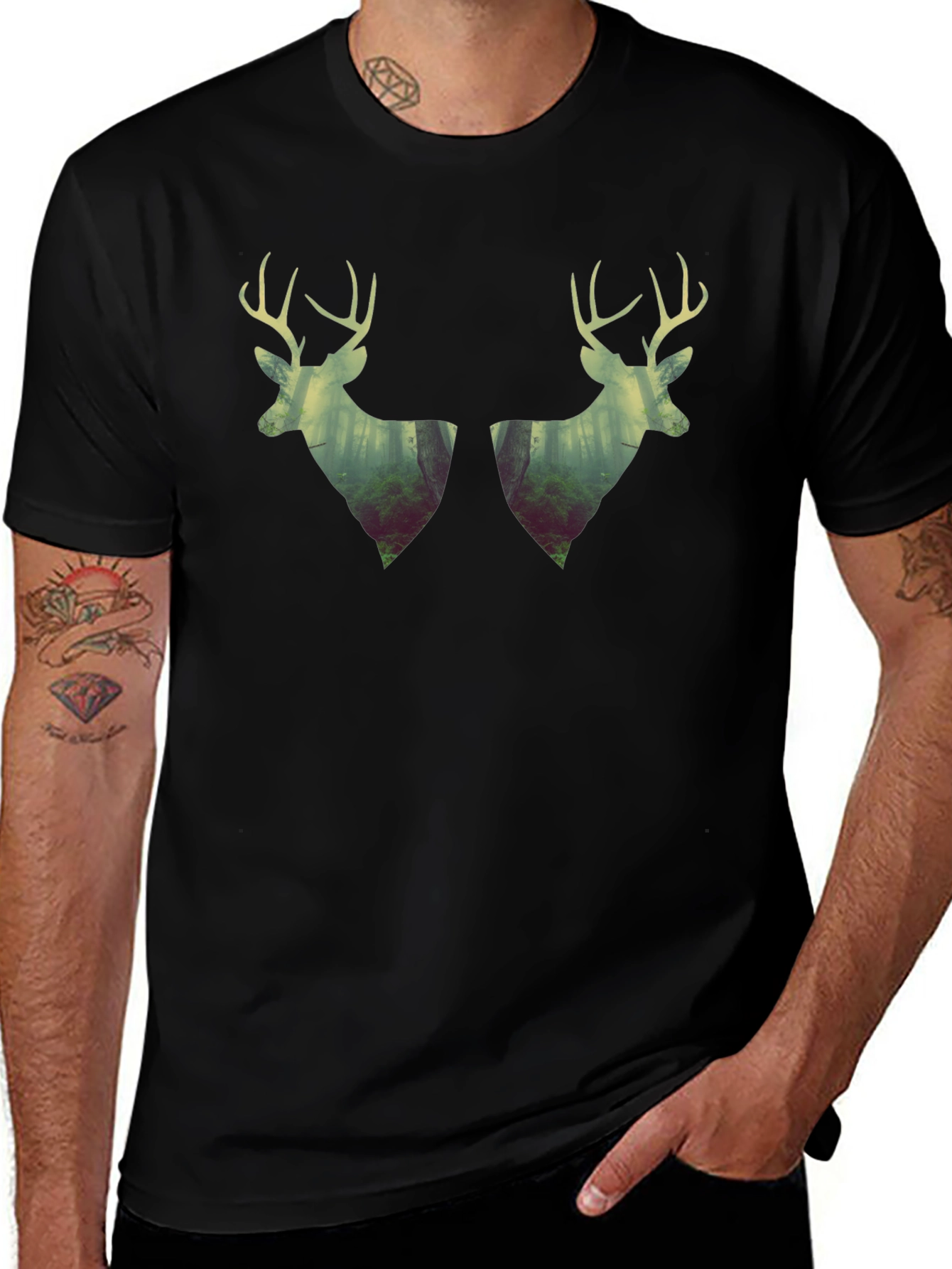 Deer Silhouette Forest Graphic Tee - Black