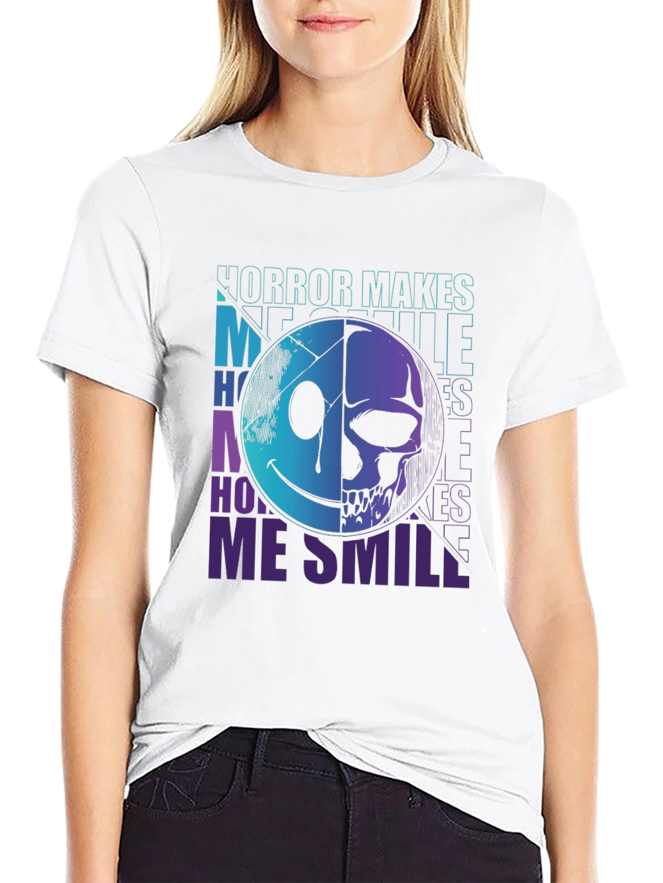 Horror Makes Me Smile T-Shirt - Half Skull Face Tee