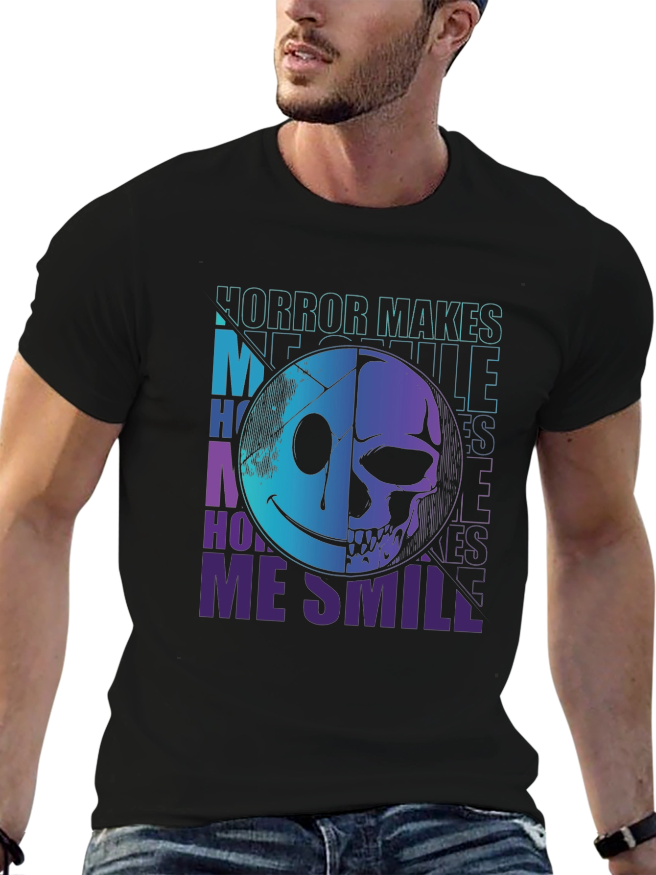 Horror Makes Me Smile T-Shirt - Half Skull Face Tee