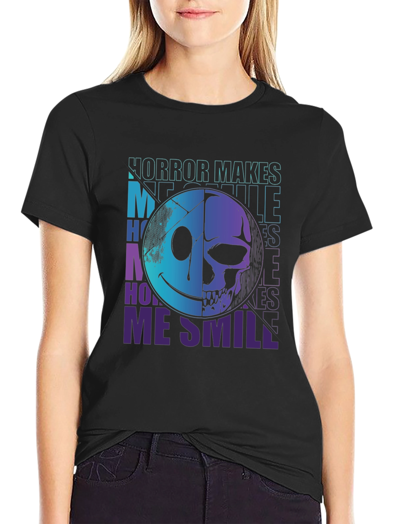 Horror Makes Me Smile T-Shirt - Half Skull Face Tee
