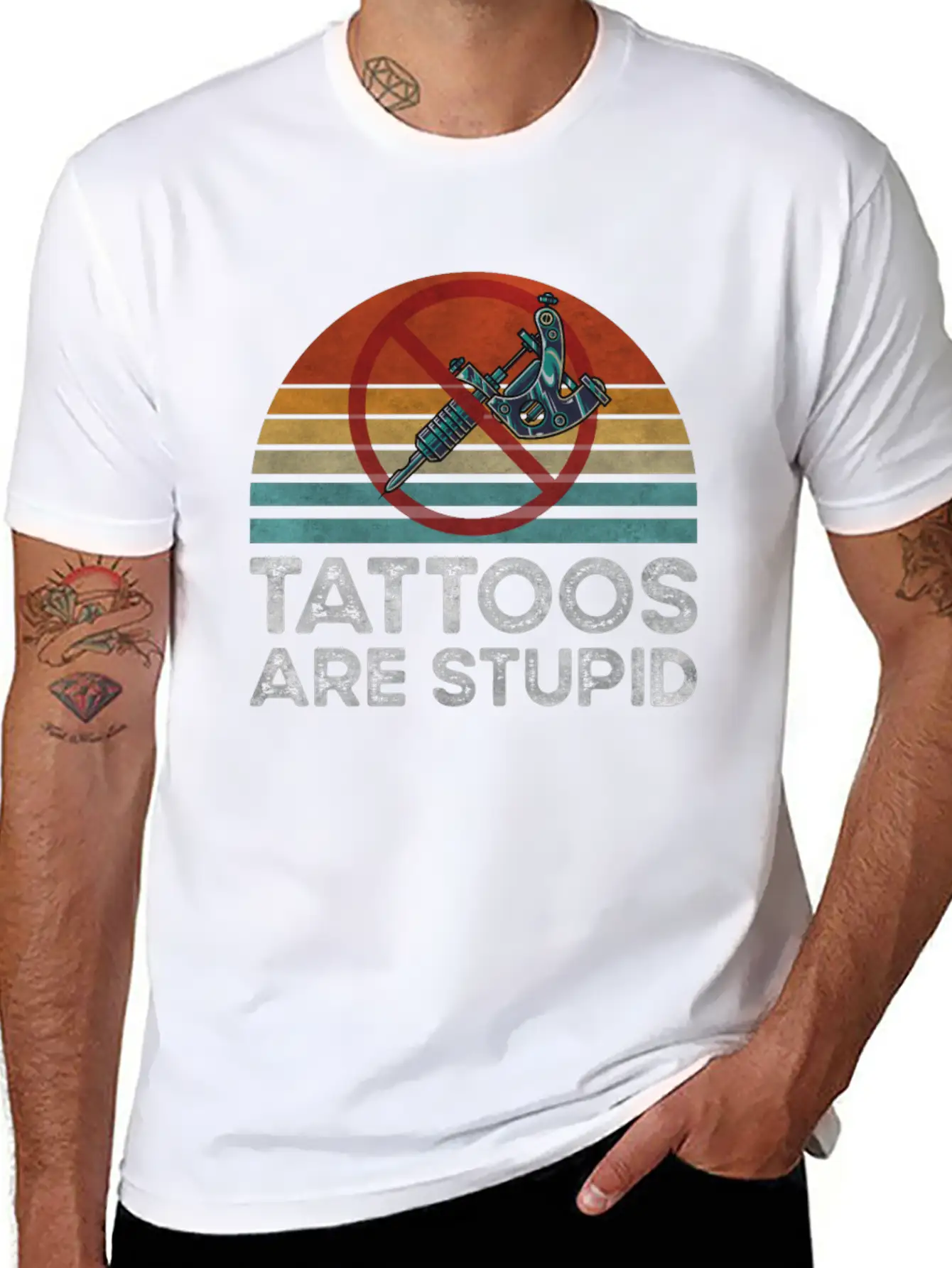 Tattoos Are Stupid Vintage Retro Funny Anti Tattoo Unisex Short Sleeve Soft Cotton T-Shirt – Casual Everyday Wear