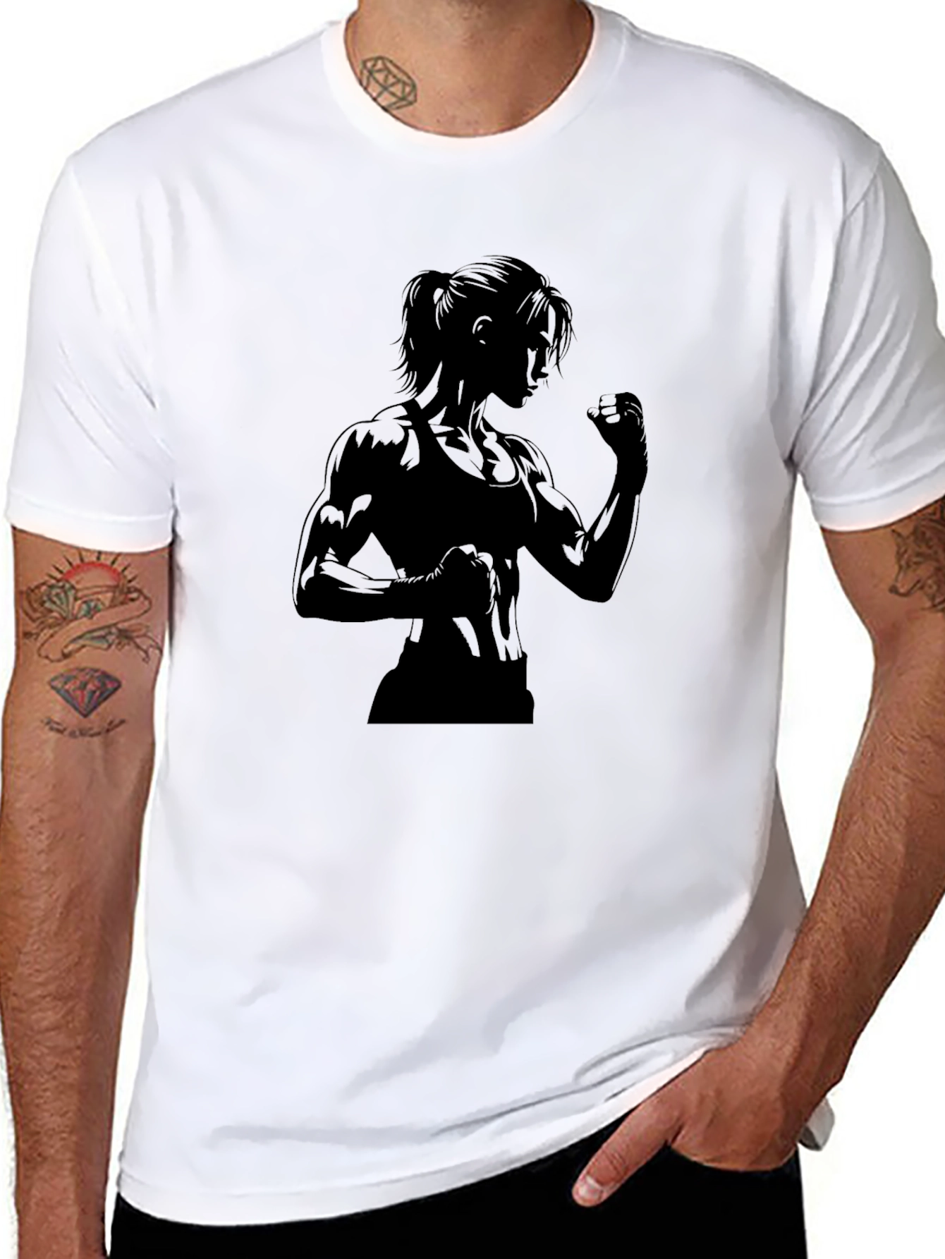 Black Graphic Tee: Strong Woman Silhouette