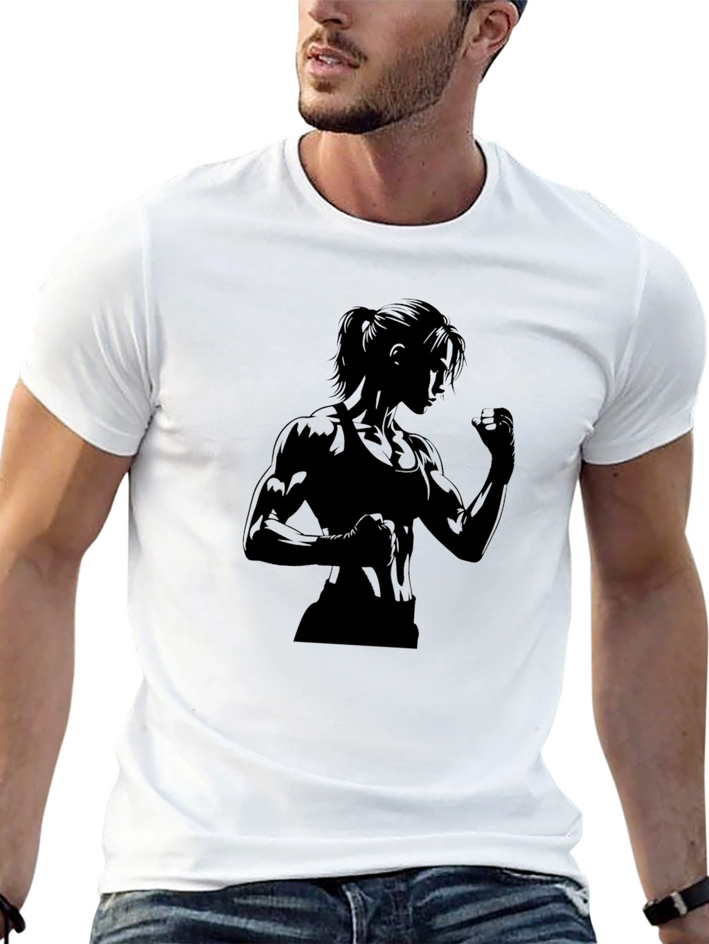 Black Graphic Tee: Strong Woman Silhouette