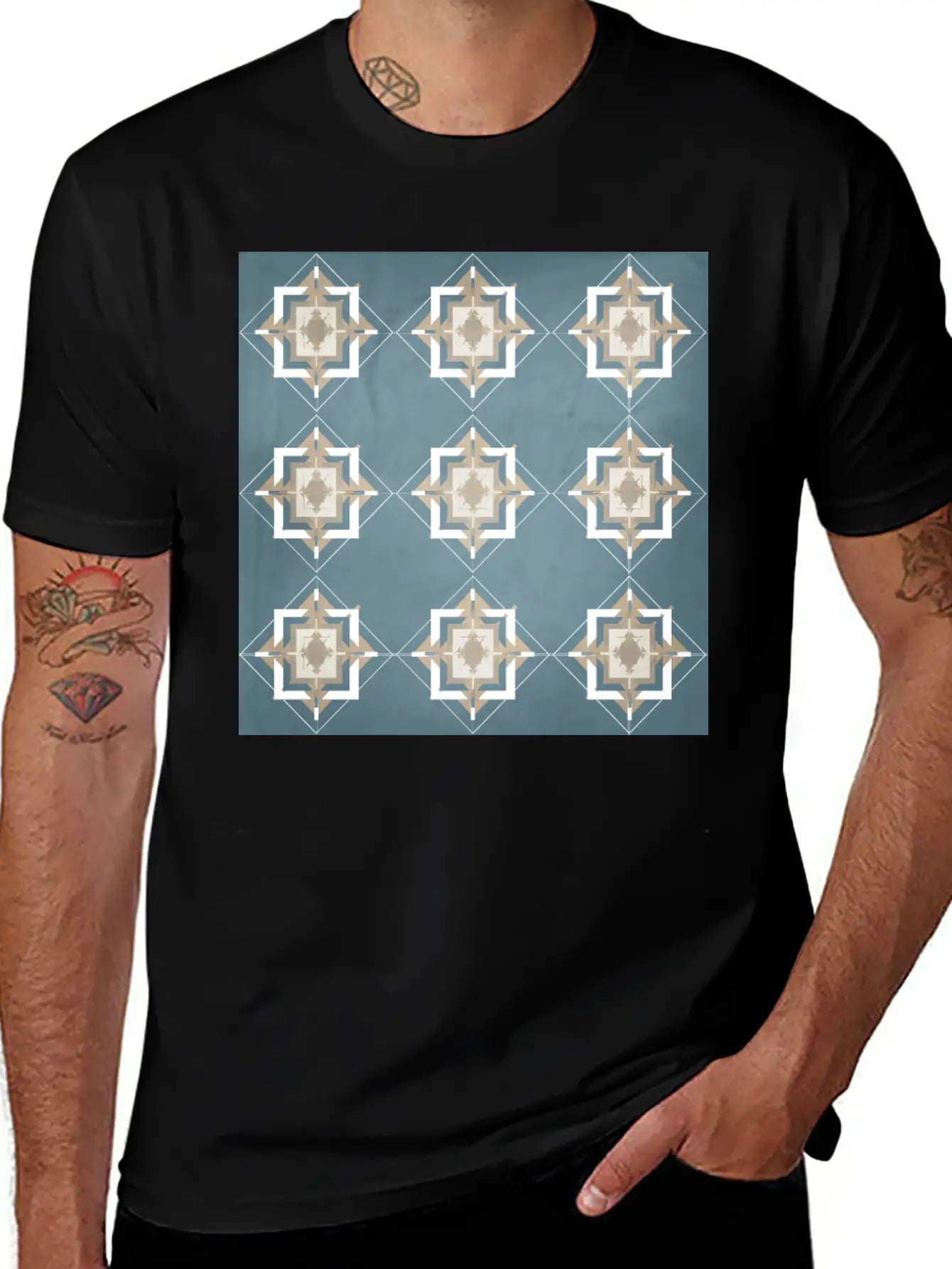 Teal And Taupe Mosaic Pattern Unisex Short Sleeve Soft Cotton T-Shirt – Casual Everyday Wear