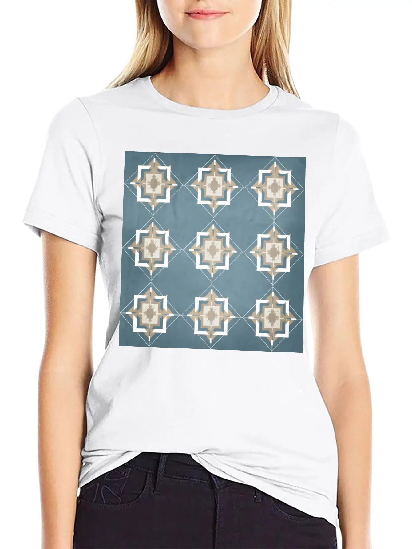 Teal And Taupe Mosaic Pattern Unisex Short Sleeve Soft Cotton T-Shirt – Casual Everyday Wear