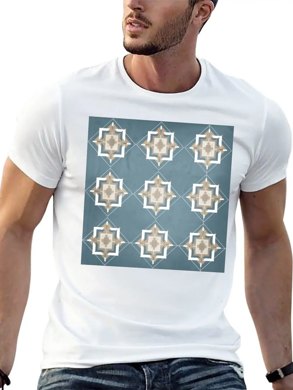 Teal And Taupe Mosaic Pattern Unisex Short Sleeve Soft Cotton T-Shirt – Casual Everyday Wear